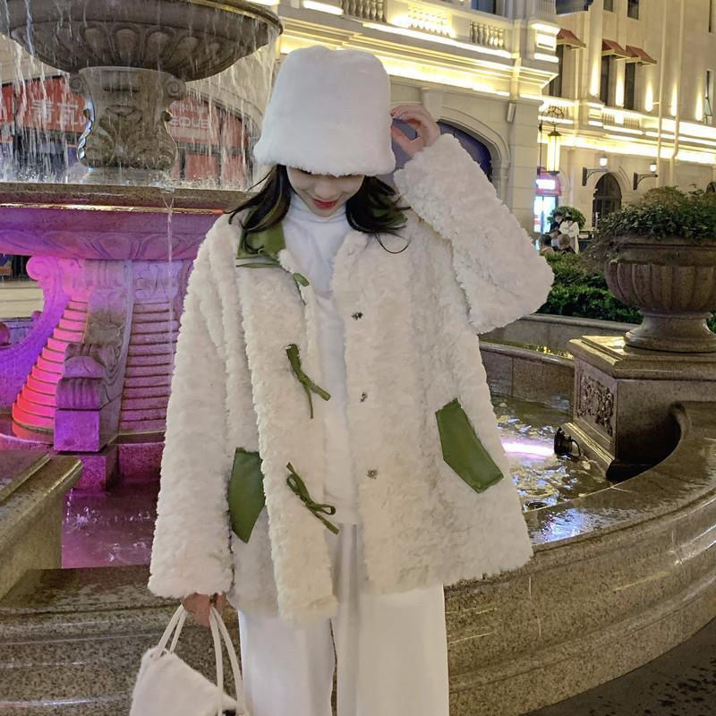 Áo Khoác Lông Cừu Phối Da Hai Màu Siêu Xinh Phong Cách Hàn Quốc Thu Đông_ Hàng Order QCCC Loại 1