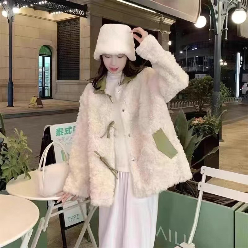 Áo Khoác Lông Cừu Phối Da Hai Màu Siêu Xinh Phong Cách Hàn Quốc Thu Đông_ Hàng Order QCCC Loại 1