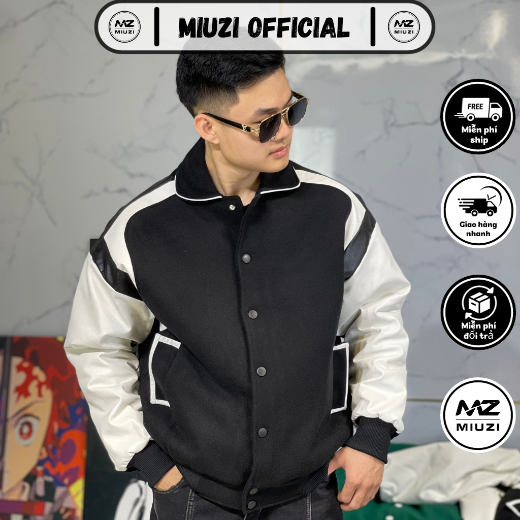 Áo khoác bomber varcity nam nữ phối da sang trọng lót trần bông khuy bấm bản to Miuzi DT228