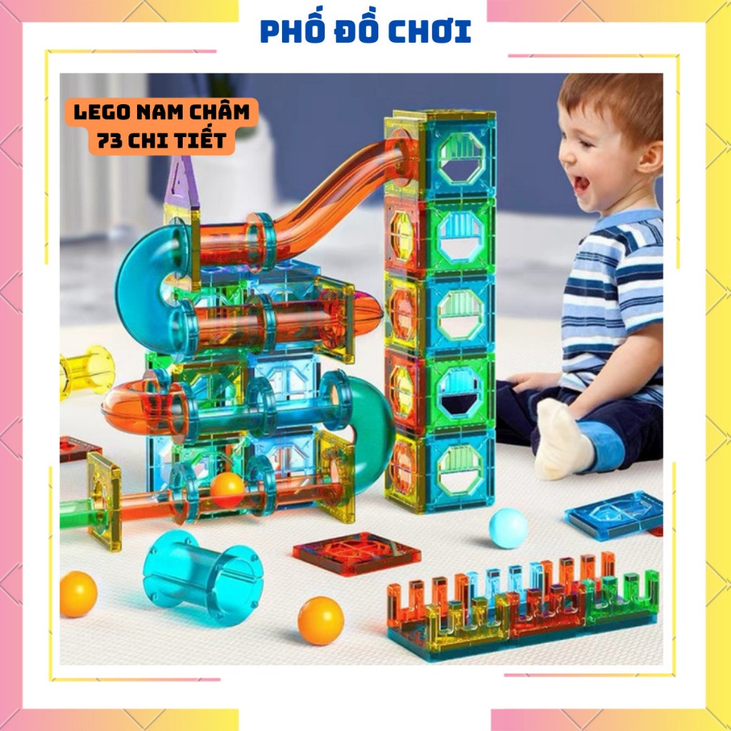 Bộ Lắp Ghép Nam Châm Ánh Sáng 73 Chi Tiết, Magnetic Sticks 4D, Có Cầu Trượt Thả Bóng, Đồ Chơi Trí Tuệ Hot