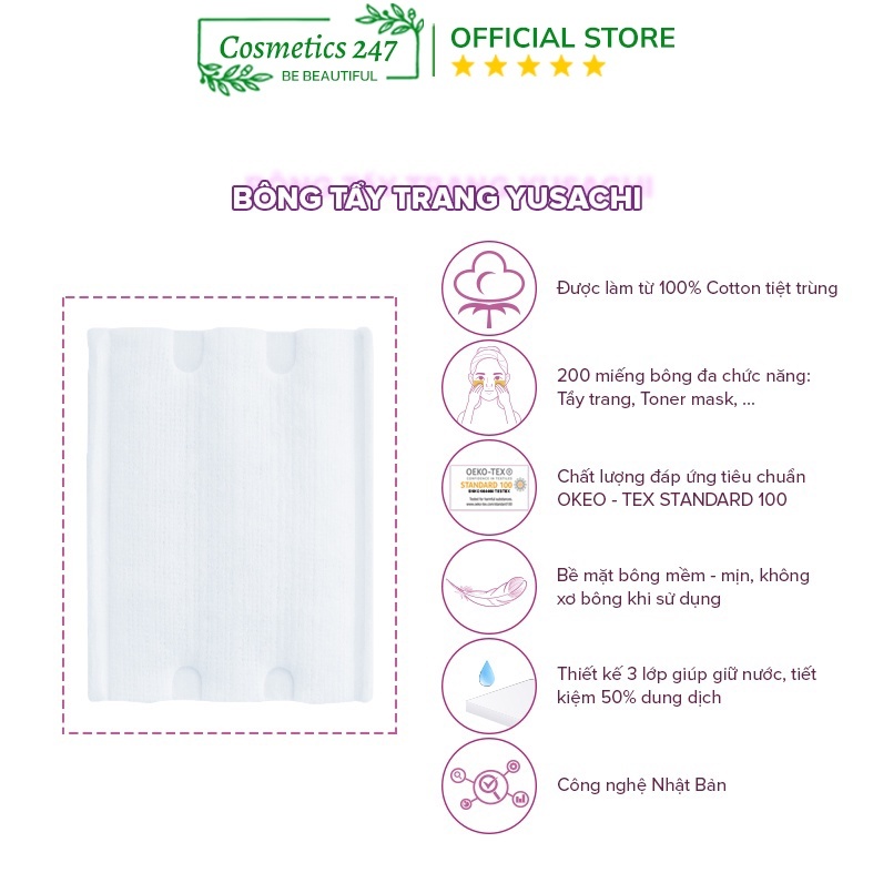 Bông tẩy trang Yusachi Suzuran Cao Cấp Nhật Bản 100% Cotton - 200 miếng