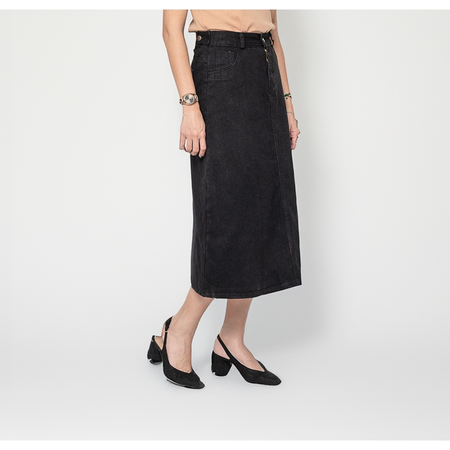 Chân Váy Jeans Midi Màu Đen Dáng A Suông Dài Xẻ Tà Ôm Eo Phong Cách Hàn Quốc Arketa
