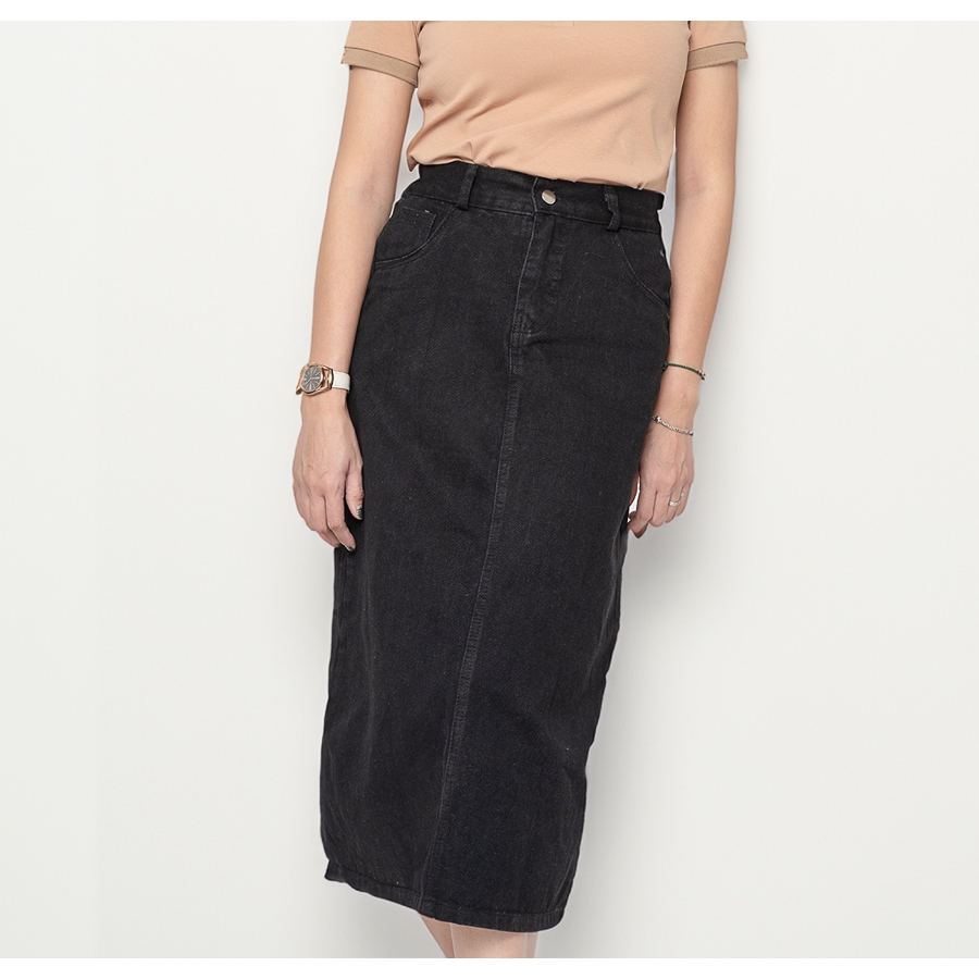 Chân Váy Jeans Midi Màu Đen Dáng A Suông Dài Xẻ Tà Ôm Eo Phong Cách Hàn Quốc Arketa