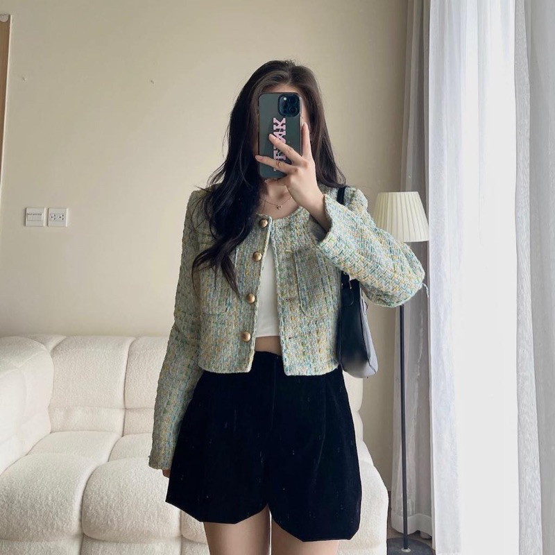 Áo khoác croptop dạ tweed màu xanh pastel