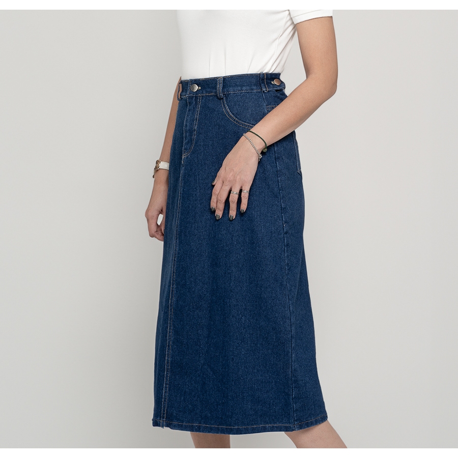 Chân Váy Jeans Midi Xanh Jeans Đậm Dáng Chữ  A Suông Dài Xẻ Tà Ôm Eo Phong Cách Hàn Quốc Arketa