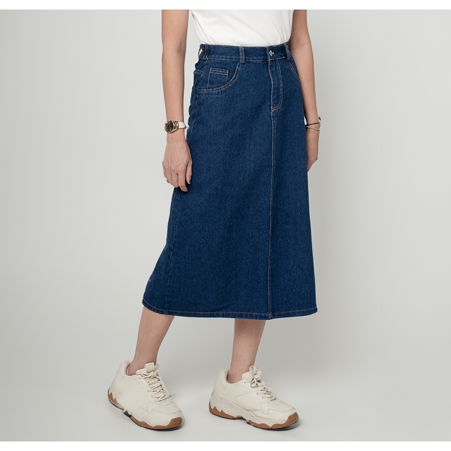 Chân Váy Jeans Midi Xanh Jeans Đậm Dáng Chữ  A Suông Dài Xẻ Tà Ôm Eo Phong Cách Hàn Quốc Arketa