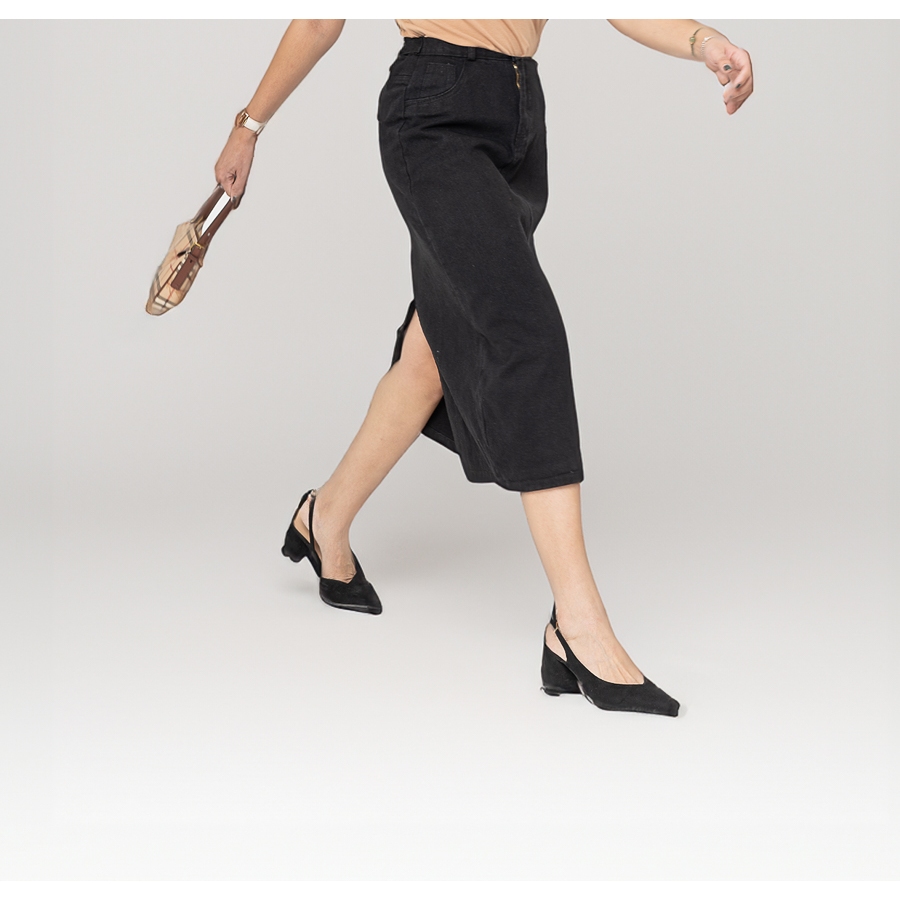 Chân Váy Jeans Midi Màu Đen Dáng A Suông Dài Xẻ Tà Ôm Eo Phong Cách Hàn Quốc Arketa