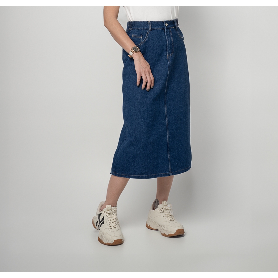 Chân Váy Jeans Midi Xanh Jeans Đậm Dáng Chữ  A Suông Dài Xẻ Tà Ôm Eo Phong Cách Hàn Quốc Arketa