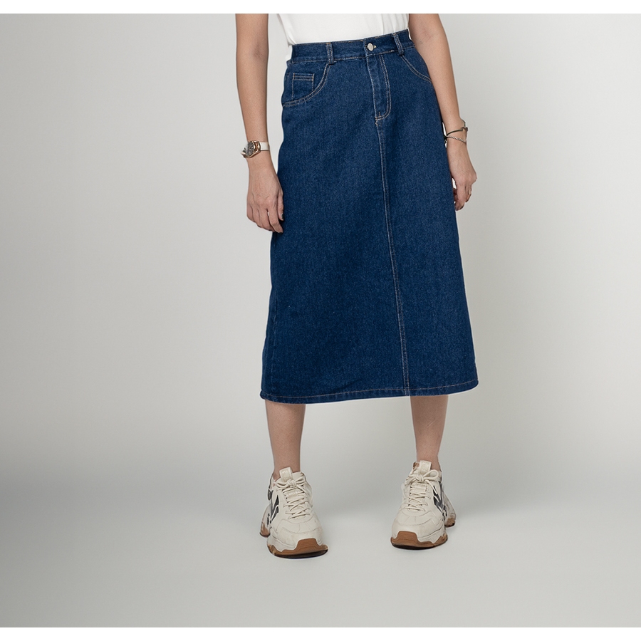 Chân Váy Jeans Midi Xanh Jeans Đậm Dáng Chữ  A Suông Dài Xẻ Tà Ôm Eo Phong Cách Hàn Quốc Arketa