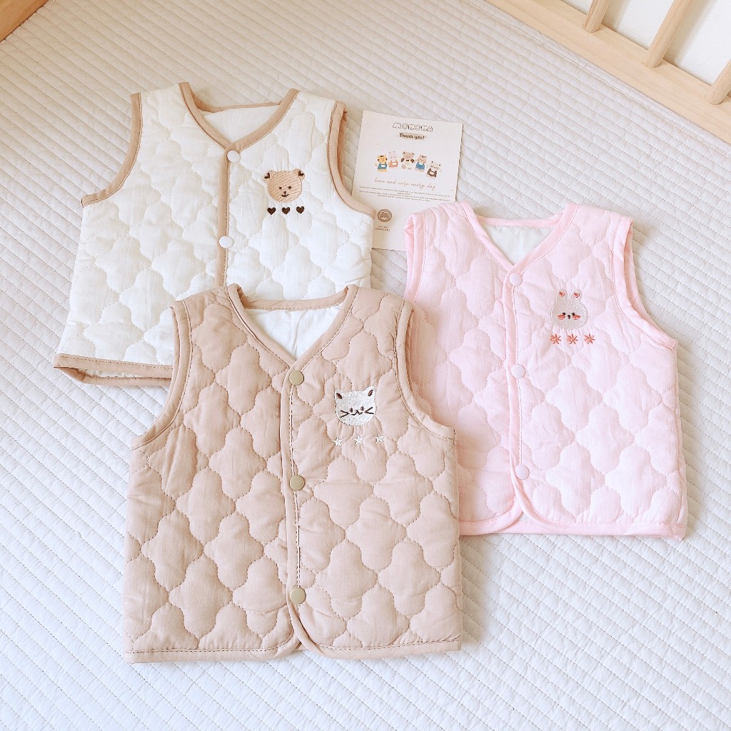 Áo Gile Cotton Trần Bông Monona Có Lớp Lót Trong Áo Cúc Bấm Tròn Dễ Sử Dụng An Toàn Mềm Mại Cho Bé
