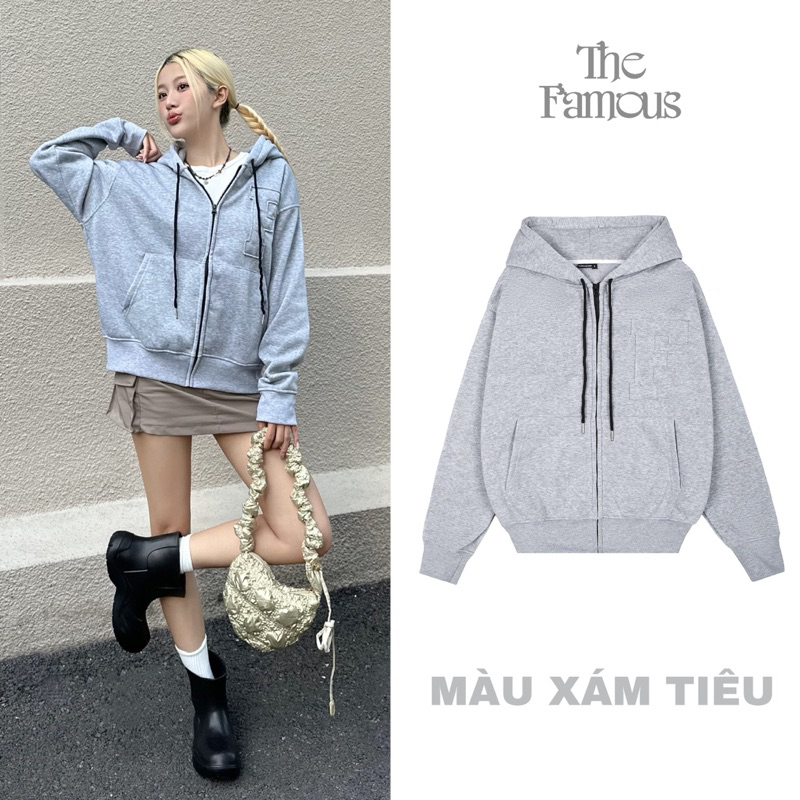 Áo hoodie zip "thêu đắp vải" unisex nỉ bông The Famous