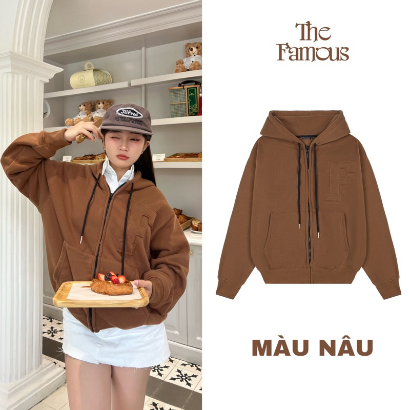 Áo hoodie zip "thêu đắp vải" unisex nỉ bông The Famous