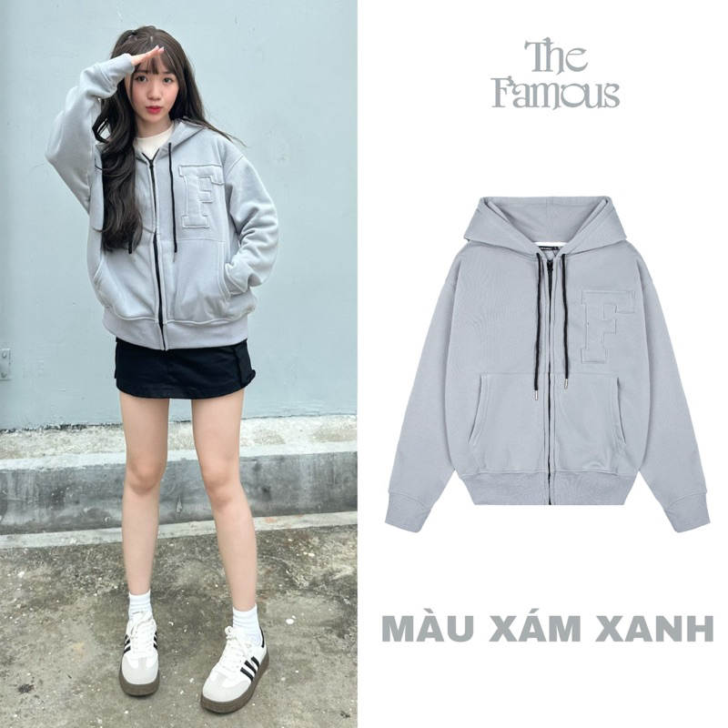 Áo hoodie zip "thêu đắp vải" unisex nỉ bông The Famous
