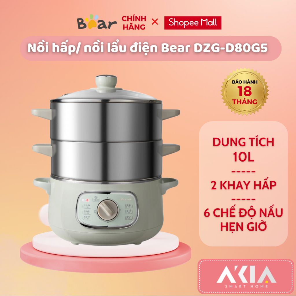 Nồi hấp/ Nồi lẩu điện đa năng 10L Bear DZG-D80G5, kèm 2 khay hấp, 6 chế độ nấu ăn, hẹn giờ 60 phút