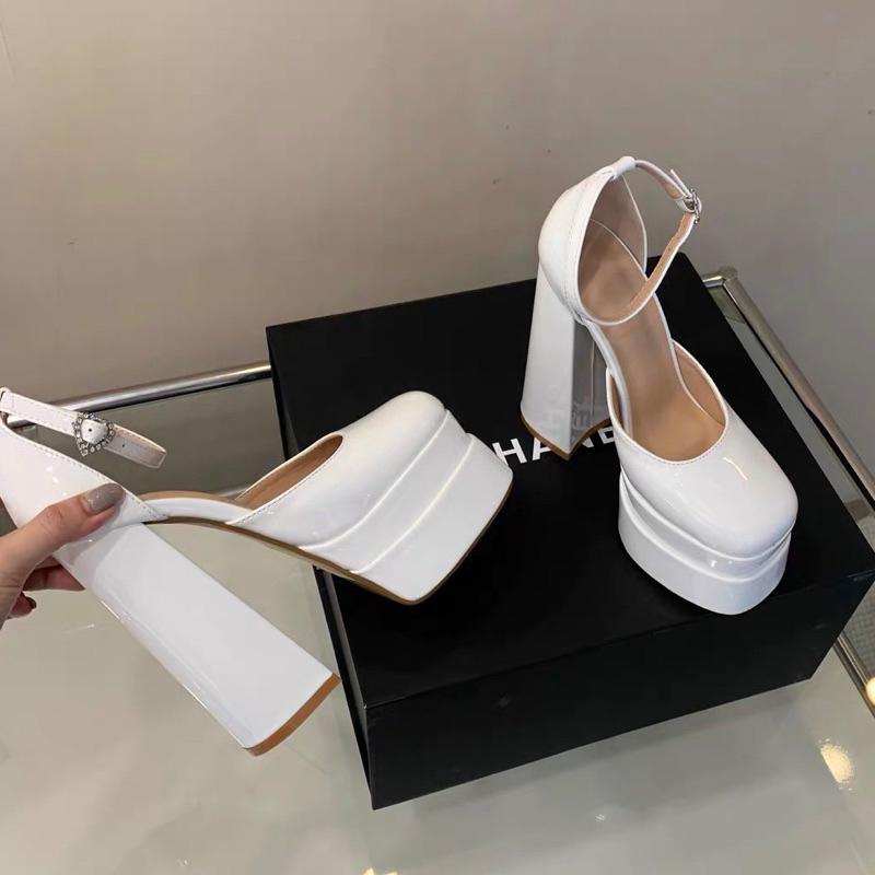 ORDER 🩵 Giày mũi tròn da bóng đế đúp gót trụ 15cm 35-42