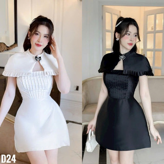 BIGSIZETIX Set Đầm tiểu thư dáng xoè thiết kế choàng vai cổ tròn đính nơ xếp ngực sang chảnh 50-90kg