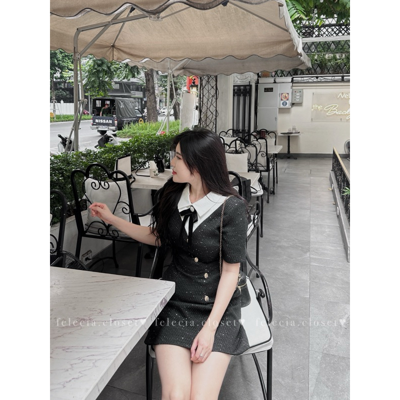 Váy dạ nhũ cộc tay cổ sơ mi nơ