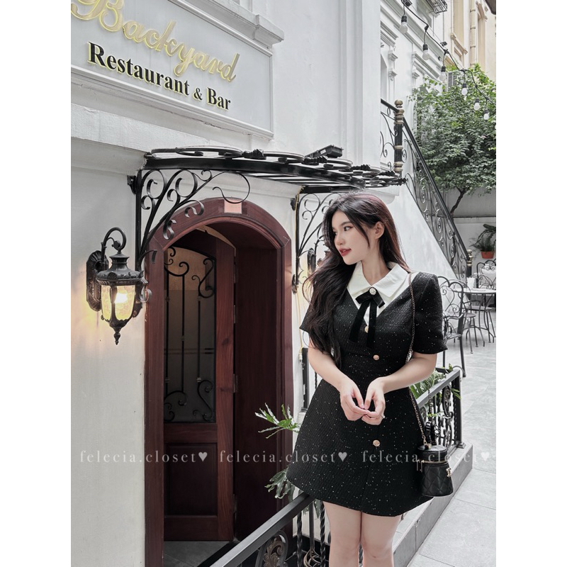 Váy dạ nhũ cộc tay cổ sơ mi nơ