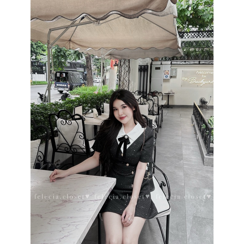 Váy dạ nhũ cộc tay cổ sơ mi nơ