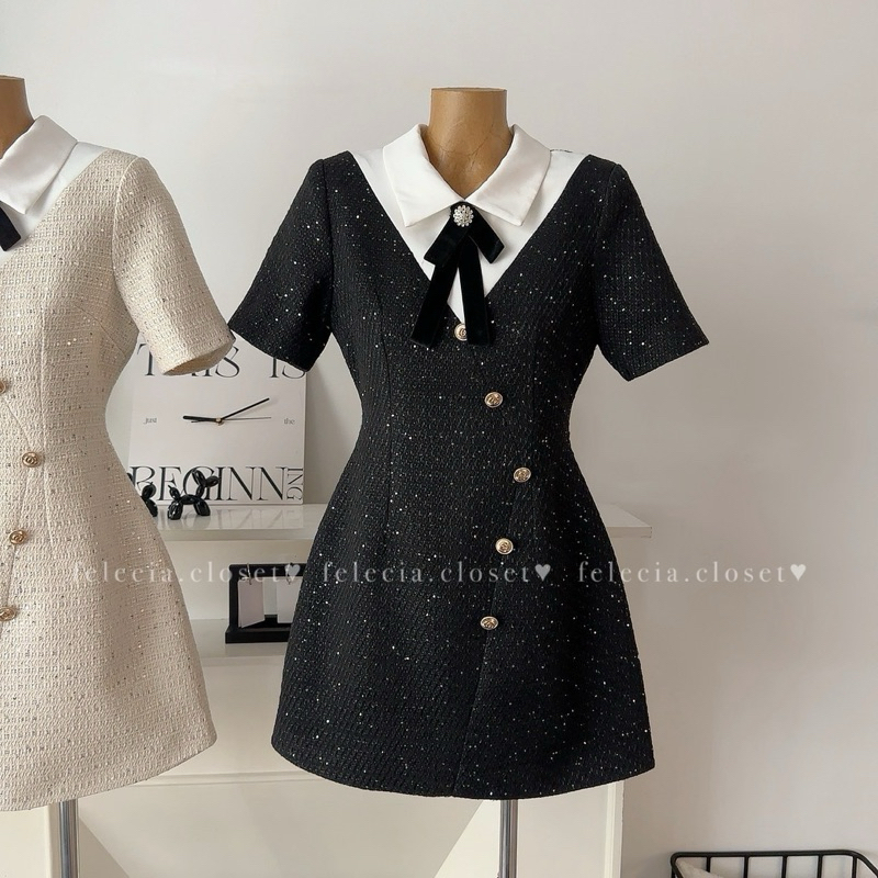 Váy dạ nhũ cộc tay cổ sơ mi nơ