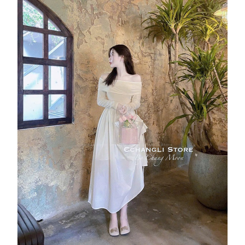 🛍Đầm váy nữ 🛍Đầm dự tiệc,Váy thiết kế tiểu thư kín đáo,Váy trễ vai màu trắng tay ngắn dáng dài đi chơi đi tiệc đều đẹp