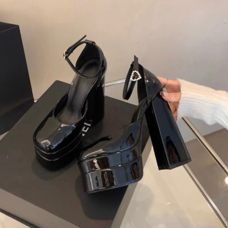 ORDER 🩵 Giày mũi tròn da bóng đế đúp gót trụ 15cm 35-42