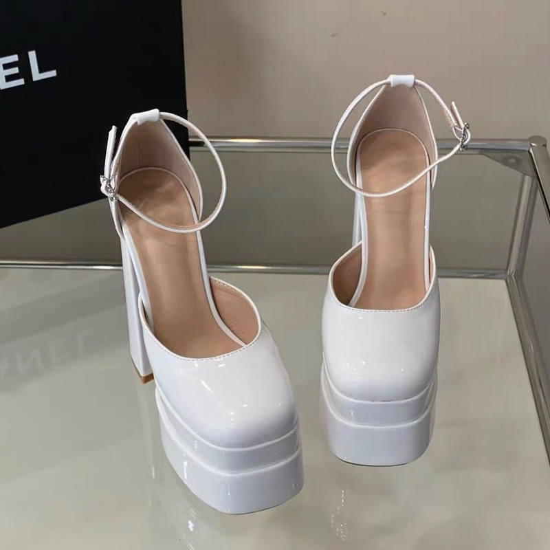 ORDER 🩵 Giày mũi tròn da bóng đế đúp gót trụ 15cm 35-42