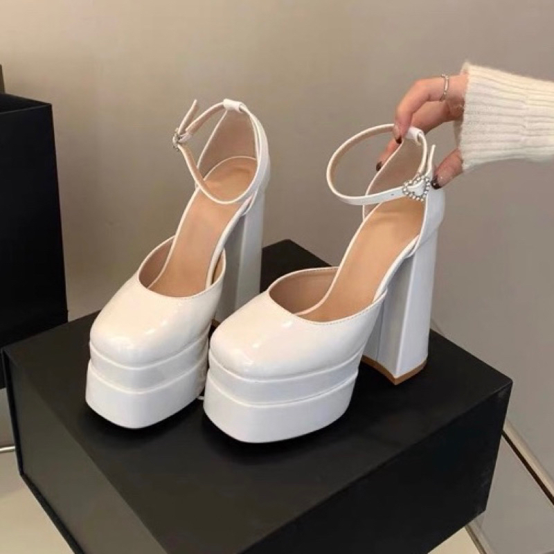 ORDER 🩵 Giày mũi tròn da bóng đế đúp gót trụ 15cm 35-42