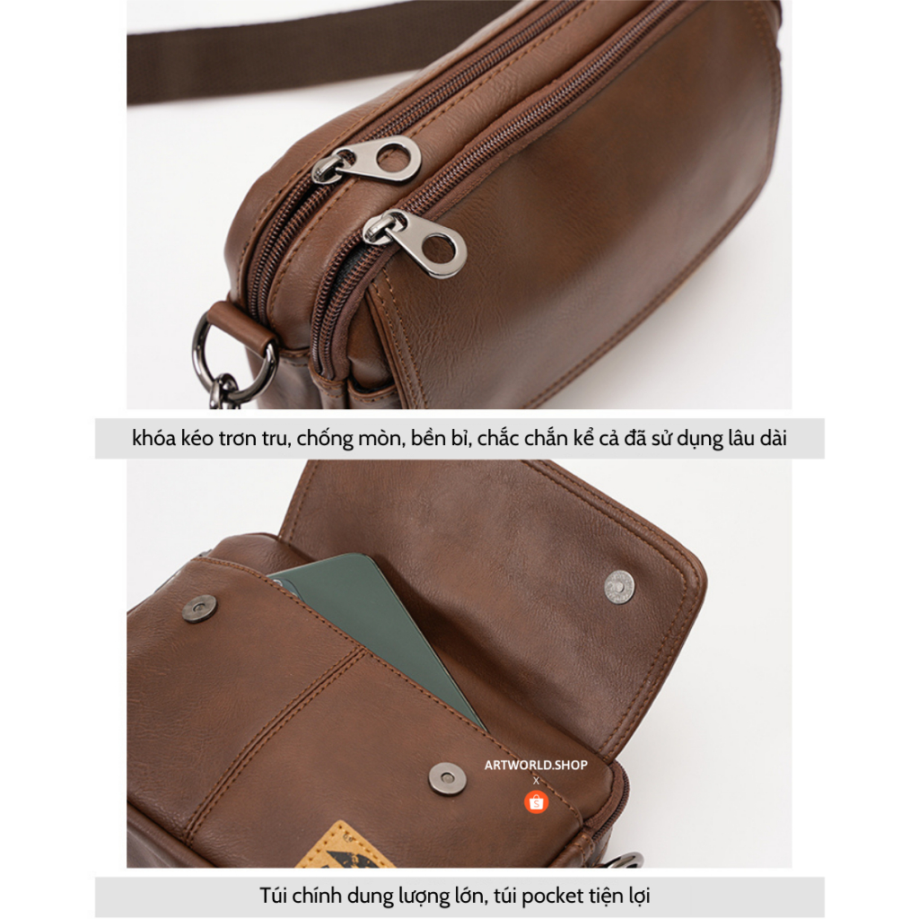 Túi đeo chéo nam, túi da nam đeo chéo 4 ngăn chất da PU cao cấp chống nước lót polyester phong cách Hàn Quốc TDC040