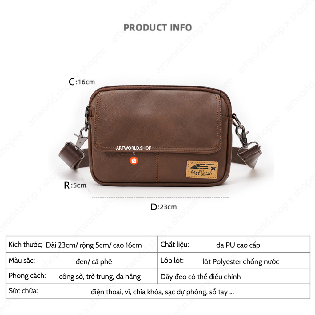 Túi đeo chéo nam, túi da nam đeo chéo 4 ngăn chất da PU cao cấp chống nước lót polyester phong cách Hàn Quốc TDC040