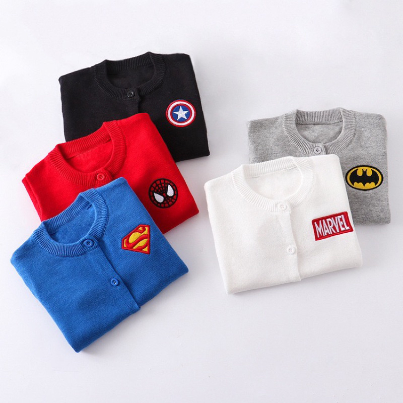 Áo khoác cardigan len cho bé trai BAEKIDS 11kg đến 34kg họa tiết siêu anh hùng