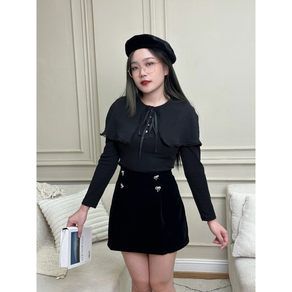 Set đồ nữ BIGSIZE áo tăm cách điệu vai mix chân váy nhung đính nơ Venusa Store