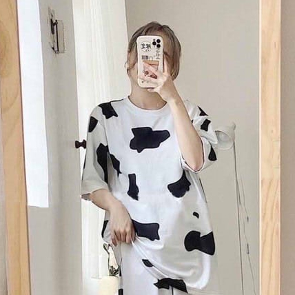 SQ014 Áo thun tay lỡ bò sữa nam nữ form to Áo phông unisex đen trắng dáng to hè thu cute