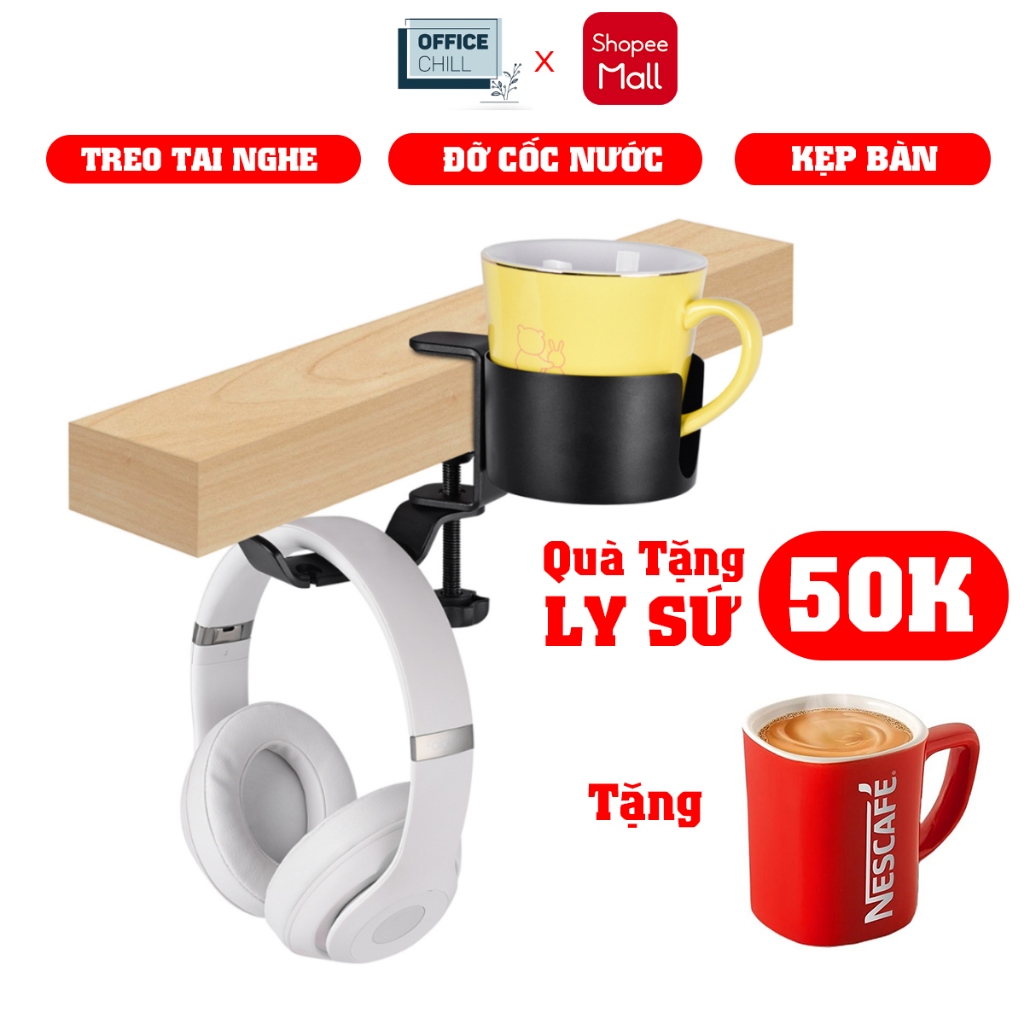 Giá Treo Tai Nghe Kèm Đỡ Cốc Nước 2IN1 Đa Năng Tiện Dụng OFFICE CHILL Xoay 360 Độ