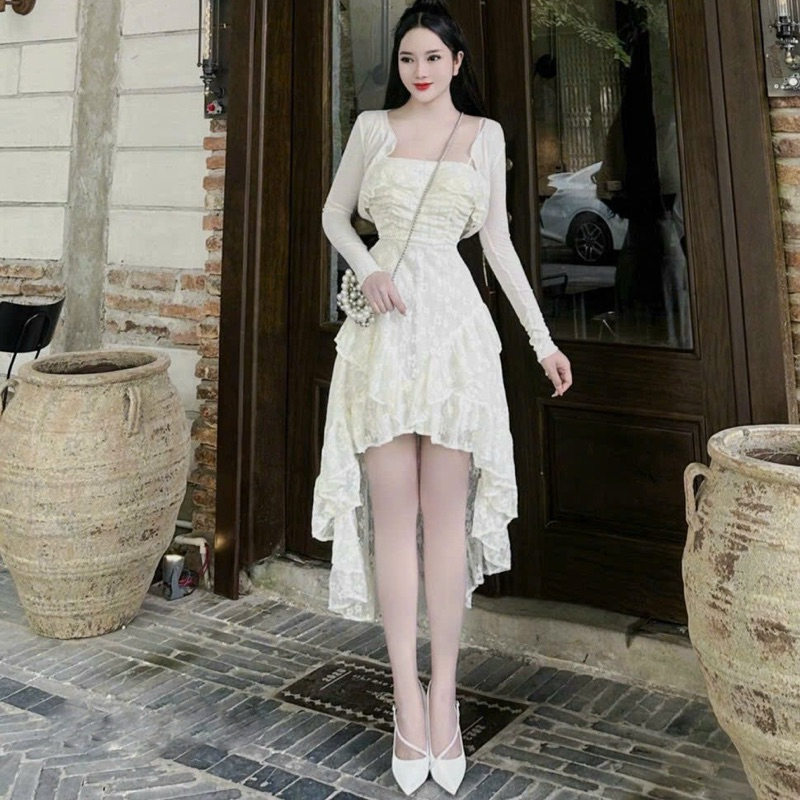 Set Hoa Nổi Váy 2 Dây Bèo Đuôi Tôm + Áo Khoác