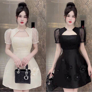Đầm nữ dự tiệc, đầm thời trang chất vải Tapta phối vải vân mây kết cườm đá đính bông,