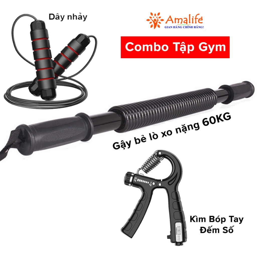 Combo Hot Gậy Bẻ Lò Xo 60kg + Kìm Bóp Tay Đếm Số + Dây Nhảy Lõi Thép, Thanh Lò Xo 60kg Kháng Lực Chính Hãng Amalife