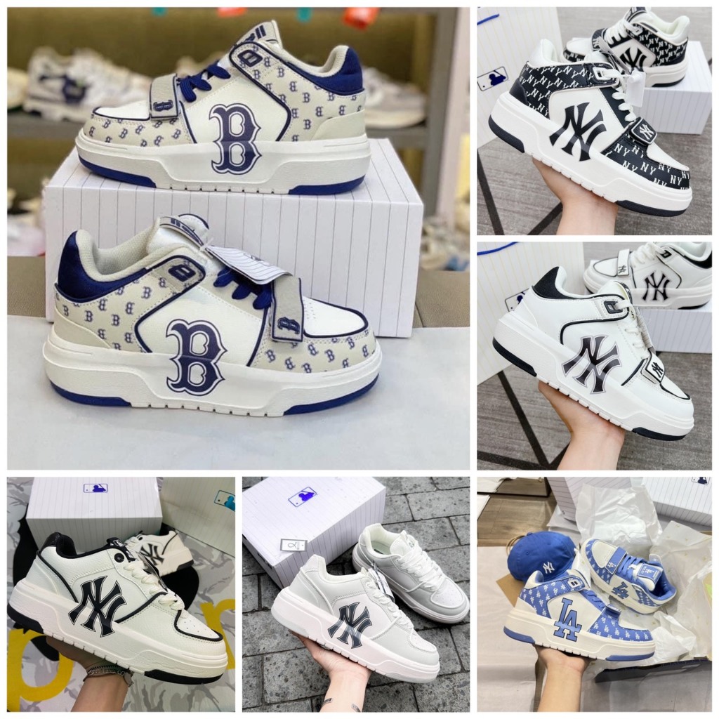 Giày mlb chunky dán họa tiết chữ LA liner ofwhite NY kẻ đen cao cấp, giày ML B chunky NY xám hot trend 2023