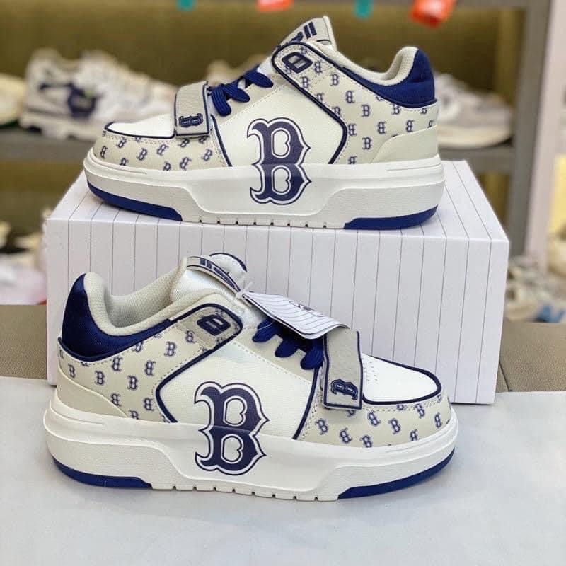 Giày mlb chunky dán họa tiết chữ LA liner ofwhite NY kẻ đen cao cấp, giày ML B chunky NY xám hot trend 2023