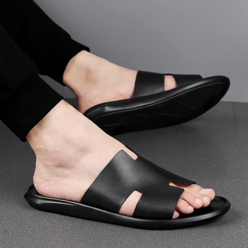 Dép chữ h quai ngang da bò cao cấp thương hiệu, Dép hermes nam thời trang công sở đi làm