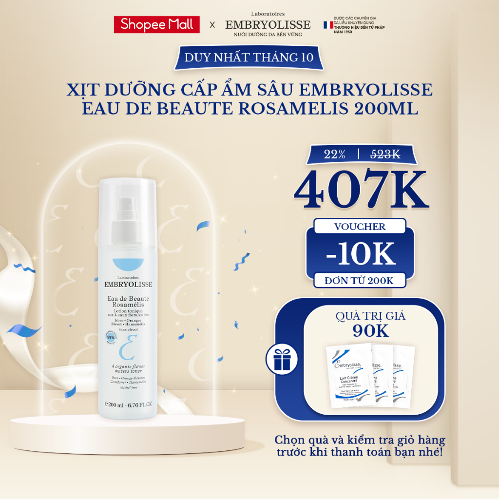 Xịt Dưỡng Cấp Ẩm Sâu Embryolisse Eau De Beaute Rosamelis 200ml