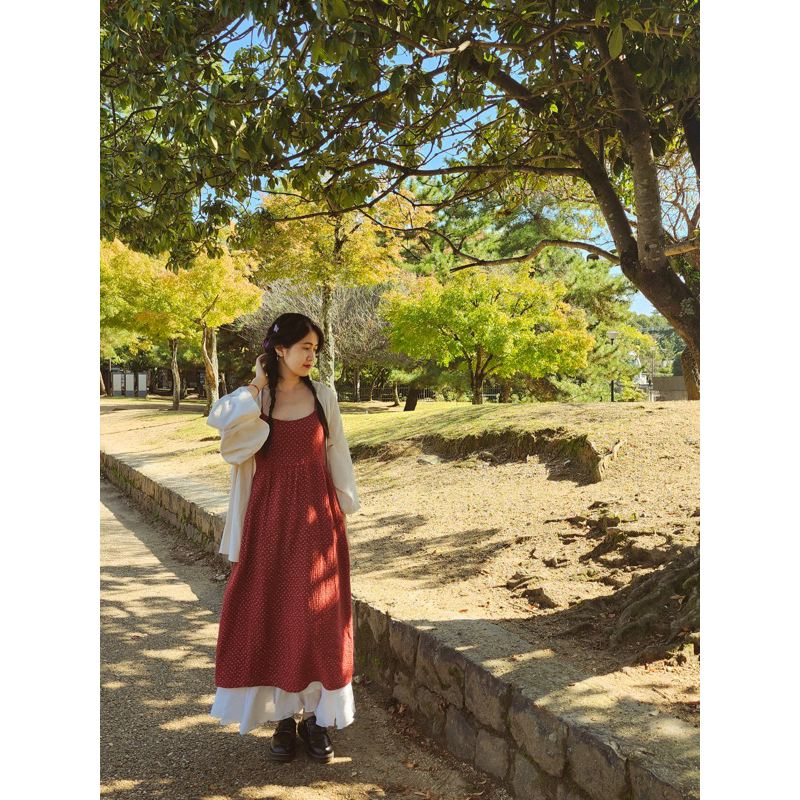 Váy 2 Dây Đỏ/ Vàng Hoa Nhí Xòe Rộng Vintage Xô Muslin Vui Thu Đông/Noel Rực Rỡ