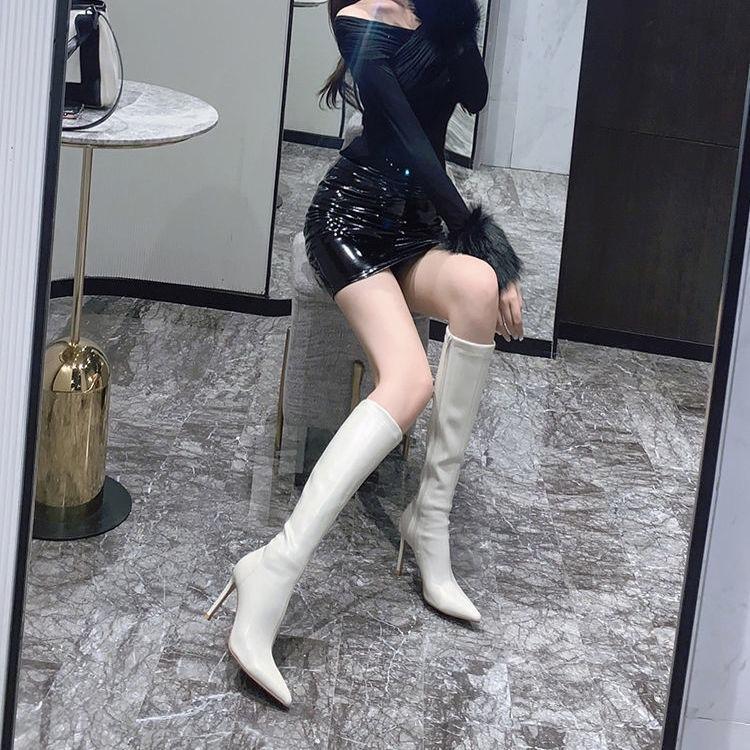 Bốt Đùi Dưới Gối Da Bóng Và Da Lì Gót Nhọn 8cm Khóa Sườn Lót Nỉ  2 Màu Đen Trắng Kem Mã P61 Shop Phương Nhi