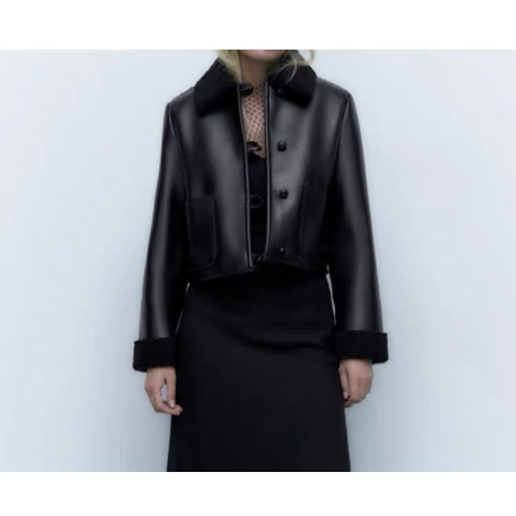 Áo da cổ lông dáng ngắn mẫu zara cuất dư sịn