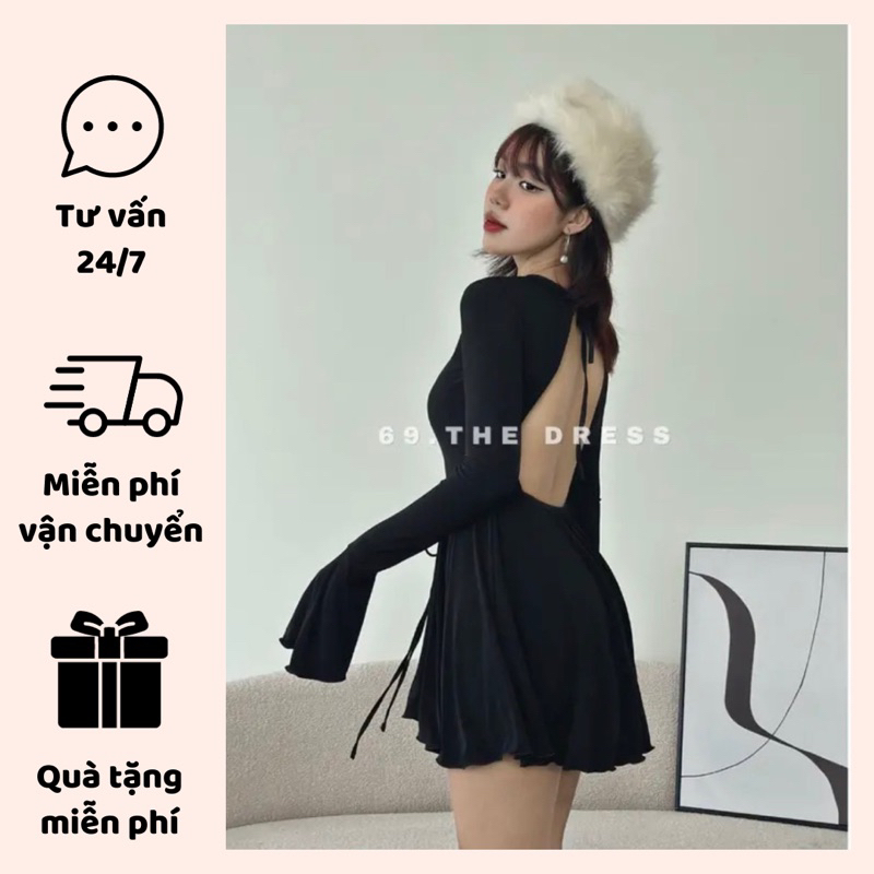 Đầm body dáng ngắn xoè hở lưng, váy nữ có mút tay loa đi tiệc