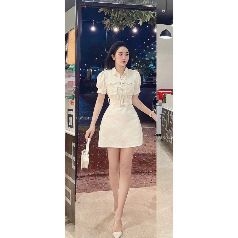 🛍Đầm váy nữ 🛍 Đầm cổ sơmi tay ngắn kaki túi hộp kèm đai đơn giản sang trọng , Váy dự tiệc đi chơi dáng ngắn mini sang