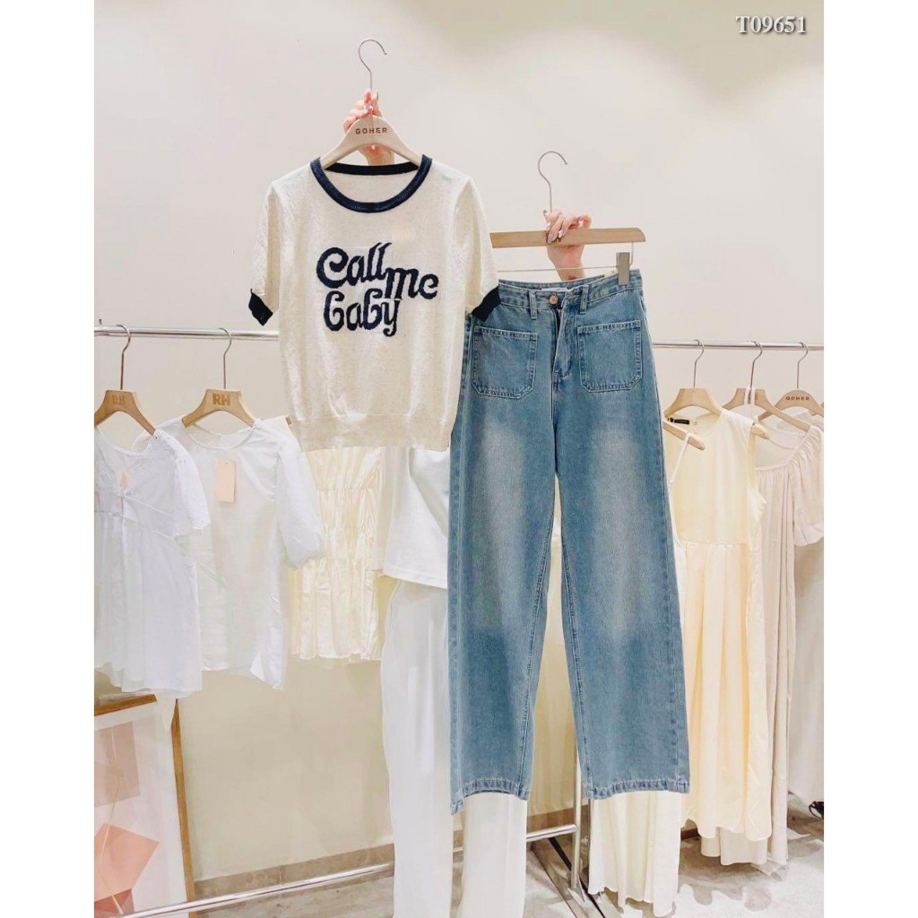 Áo Len , Áo Len Ngắn Tay Mongtoghi chữ call me baby hảng QC cao cấp