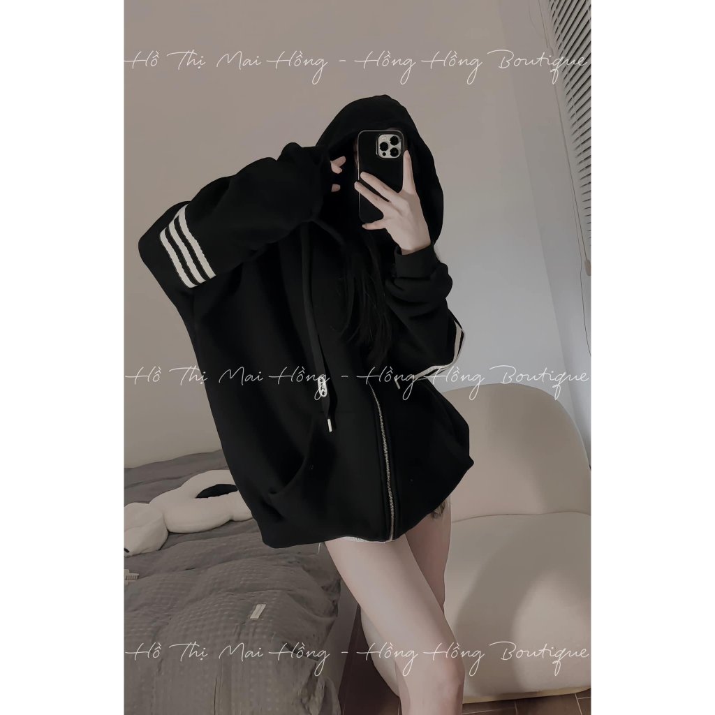 Áo Nỉ Nữ Có Mũ Khóa Kéo Hình In Thome Chó Mix Phối Viền Sọc Tay Áo Hoodie Khóa Kéo Túi Bụng Freesize 45 - 60Kg B310271