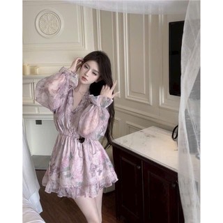 Đầm hoa nữ bánh bèo dáng ngắn tieur thư sang trọng, đầm hoa tay dài cổ V đính cườm có dây cột eo chất voan hoa