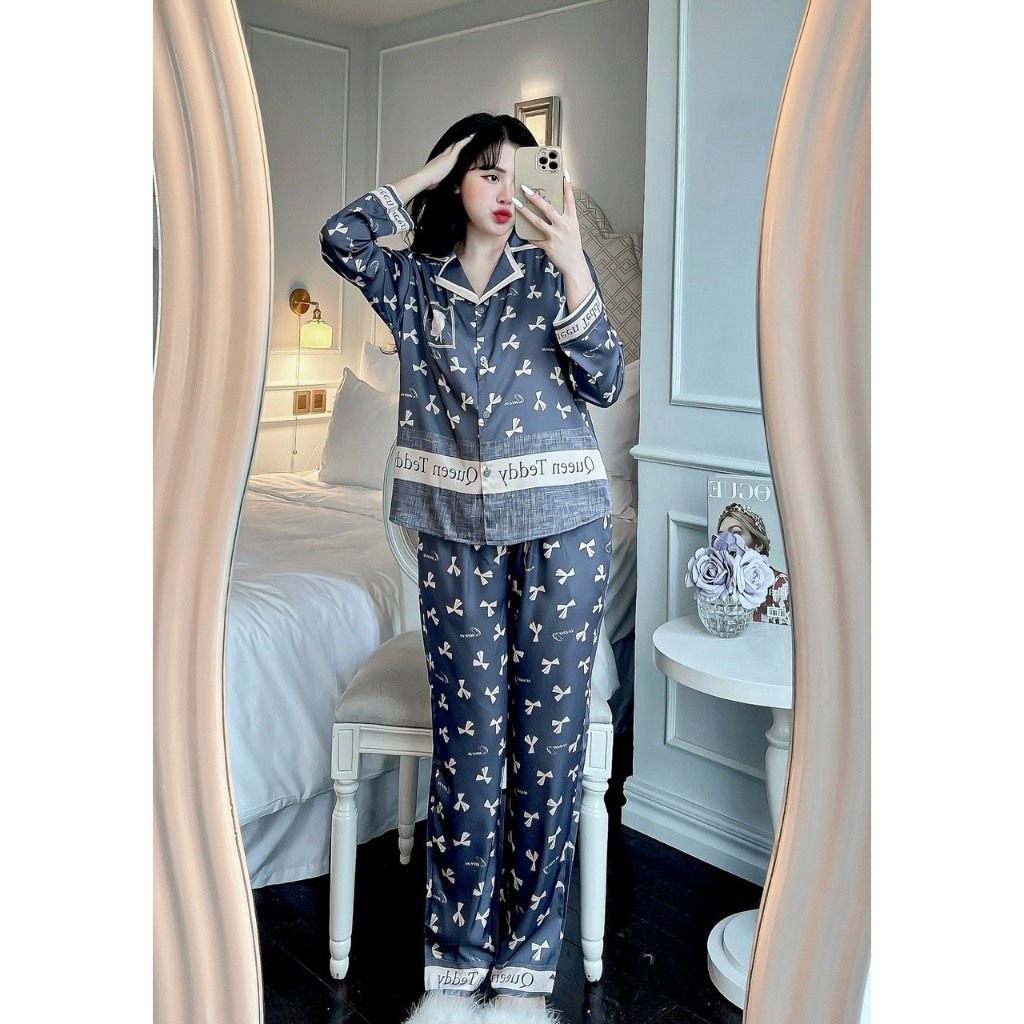 Set lụa SAM Luxury cao cấp,  kiểu dáng áo dài quần dài, họa tiết hình nơ đơn giản tinh tế, chất mềm thoáng mát